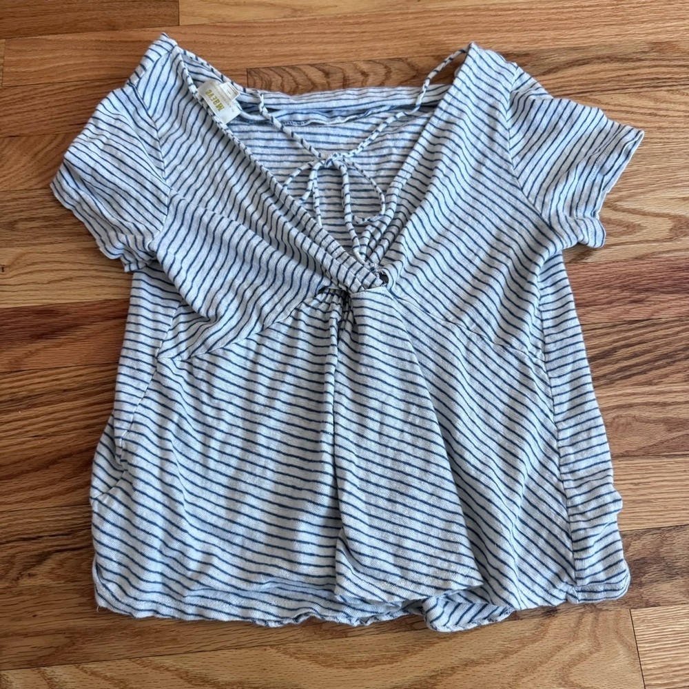Anthropologie Maeve striped linen cowl neck shirt with tie back 100% linen Small - Picture 5 of 5